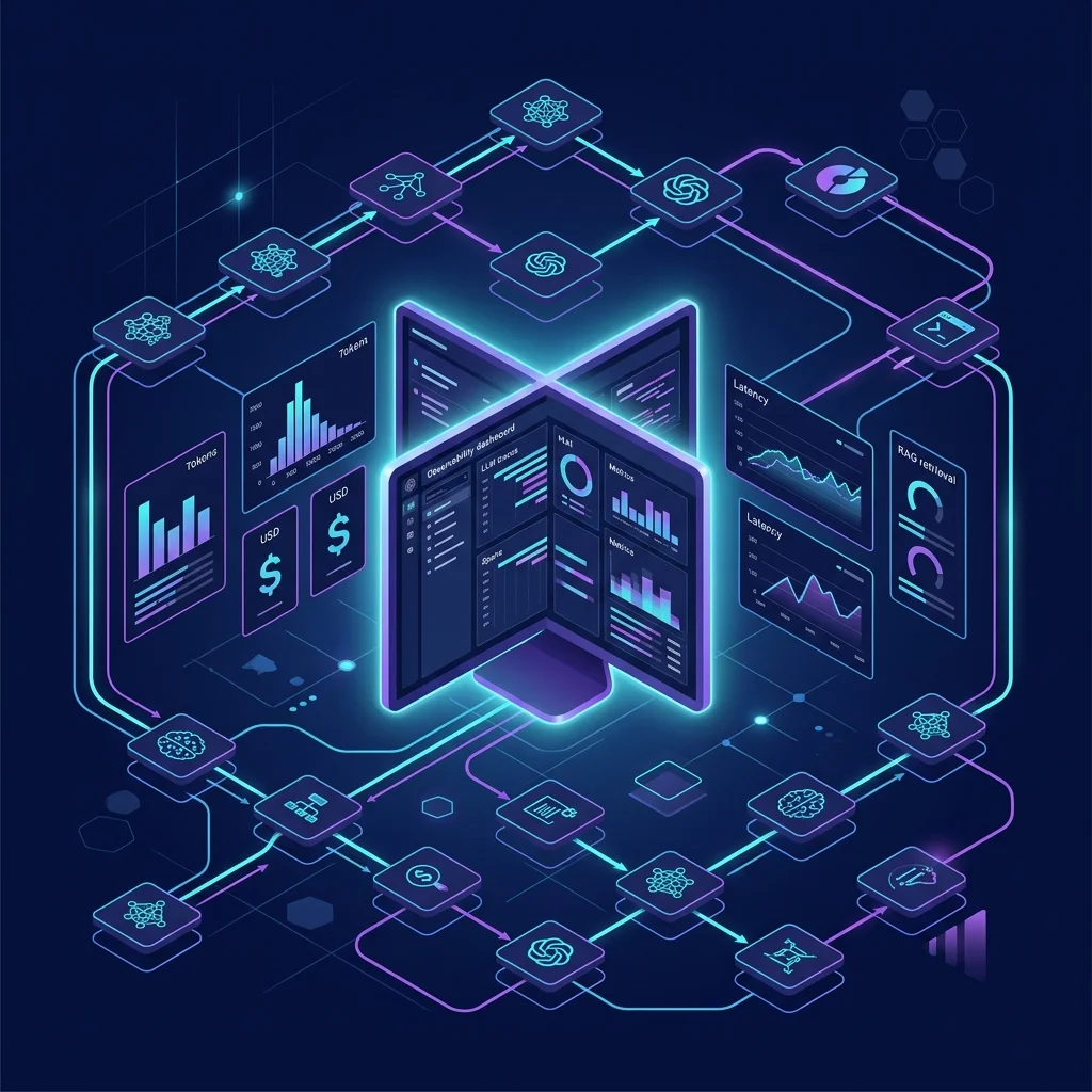Glowing neural network nodes connected by traces and spans representing LLM call chains and RAG retrieval pipelines in an observability dashboard