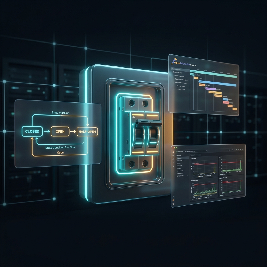 Circuit breaker switch surrounded by state machine diagrams, OpenTelemetry spans, and a metrics dashboard on a dark background
