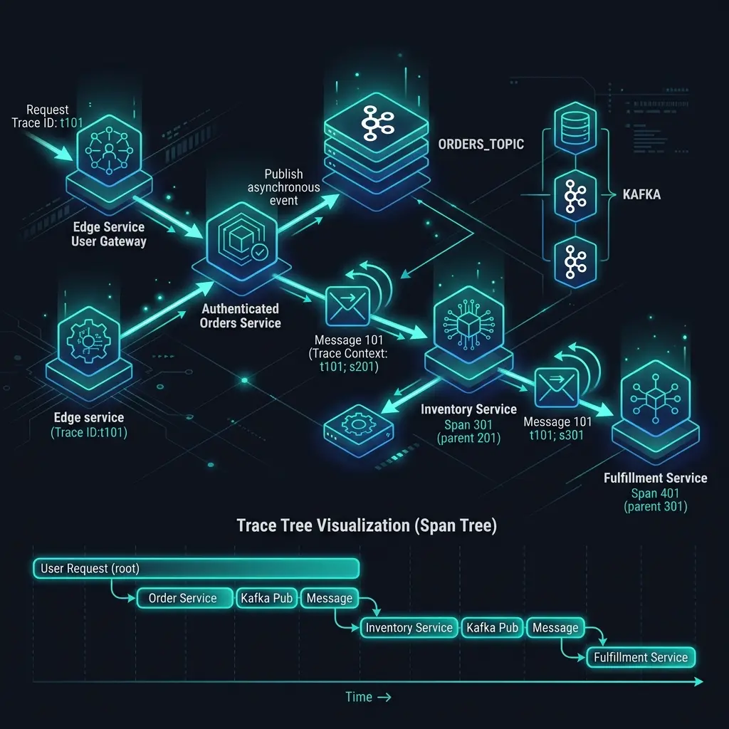 Network diagram of microservices connected by Kafka topics with glowing trace propagation arrows