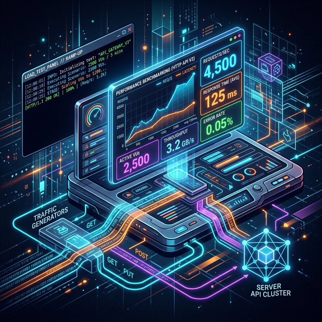Modern digital illustration about performance testing and HTTP benchmarking