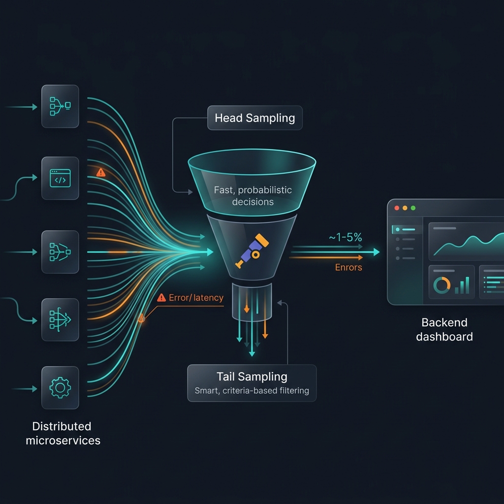 Diagram showing distributed microservices traces flowing through a sampling funnel into an observability backend