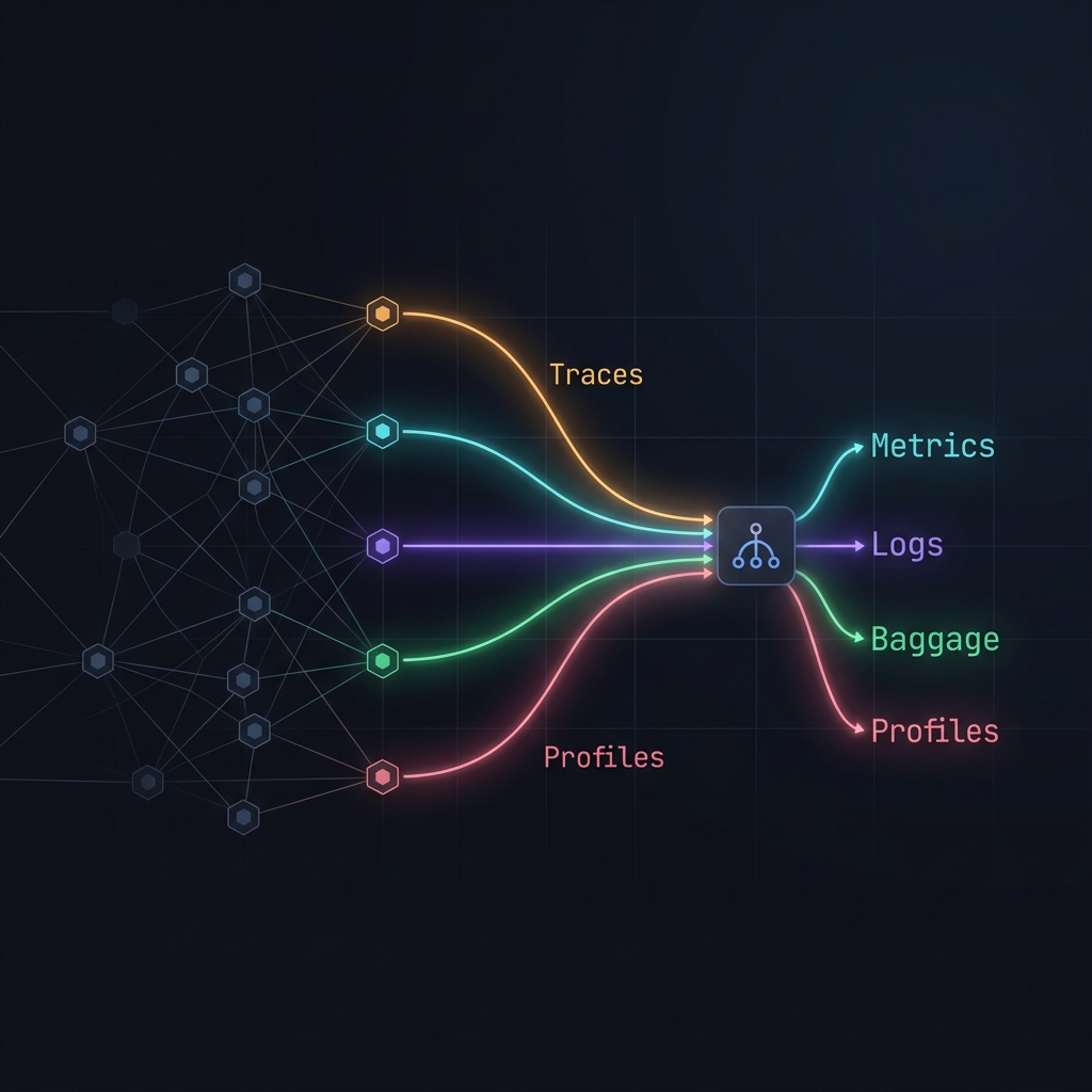 Diagram showing five OpenTelemetry signal types flowing from services into an observability backend