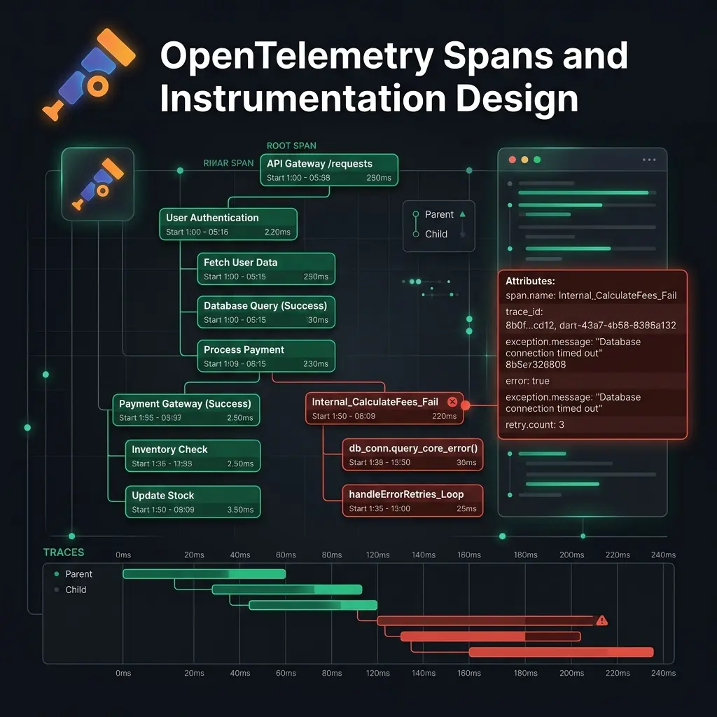 Span tree hierarchy showing good meaningful spans in green and useless internal function spans in red