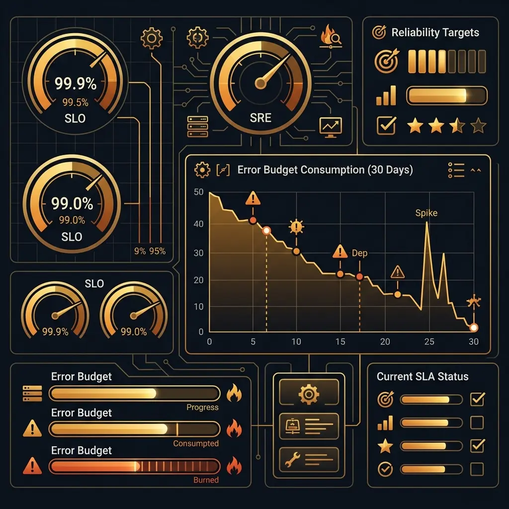 SRE dashboard showing SLO gauges, error budget meters, and 30-day budget consumption timeline