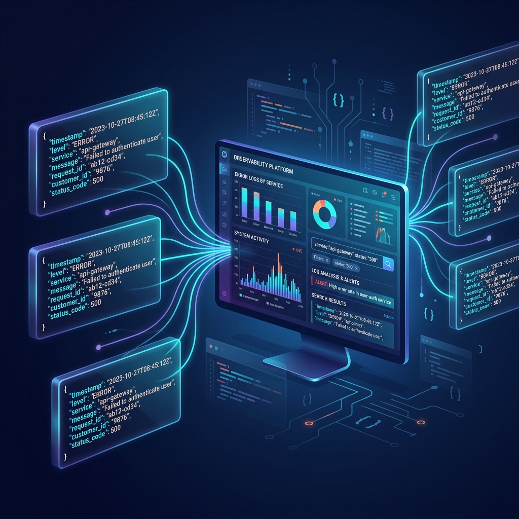 Floating JSON log entries connected by glowing lines to a centralized observability dashboard showing log analysis and alerts