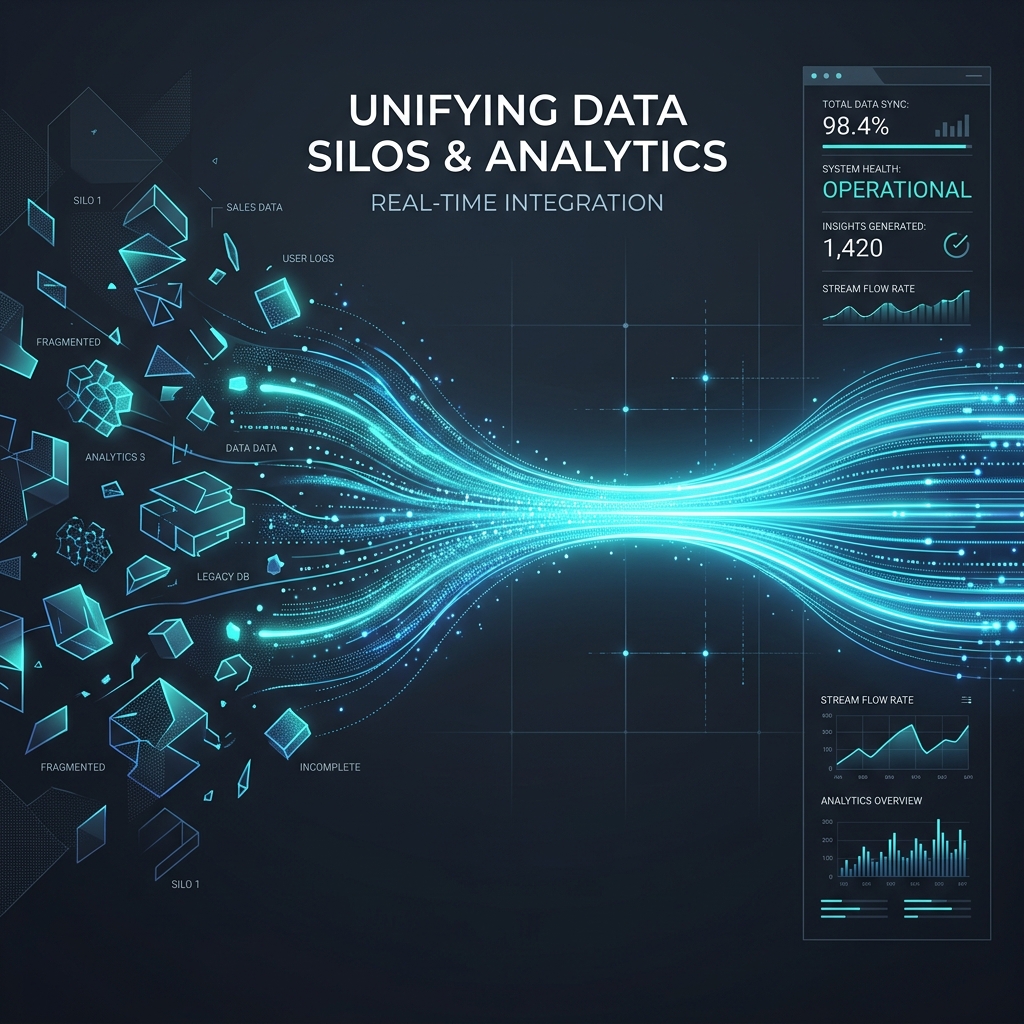 Fragmented data streams converging into a unified, glowing analytics and business intelligence flow on a modern dark interface