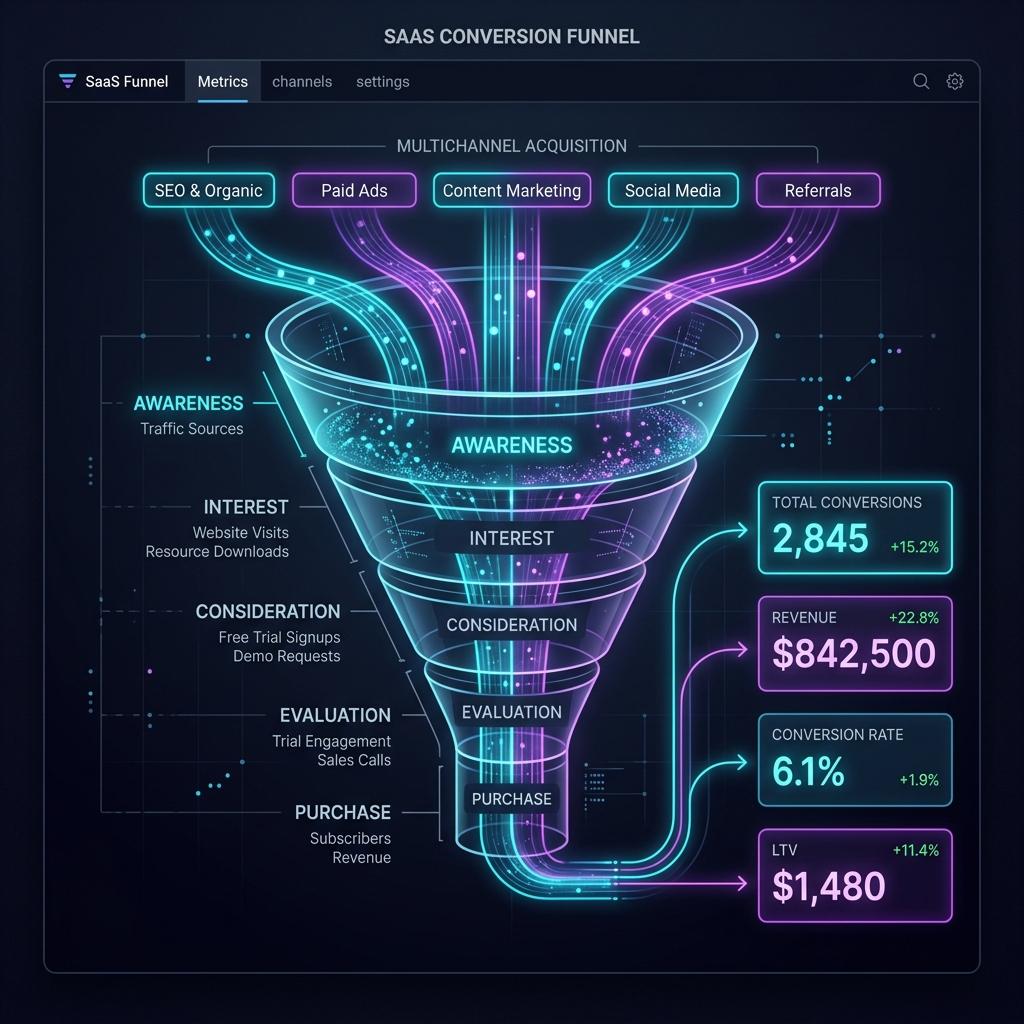 Visual diagram of a SaaS multi-channel conversion funnel displaying progression from awareness to purchase and key revenue metrics